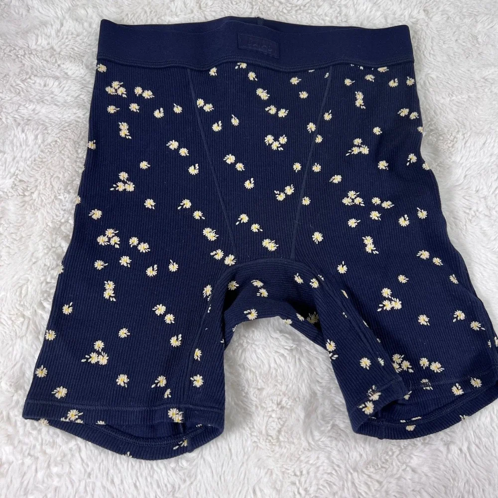 Skims Navy Blue Daisy Floral Ribbed Cotton Boxer Shorts XXS Loungewear Sleepwear